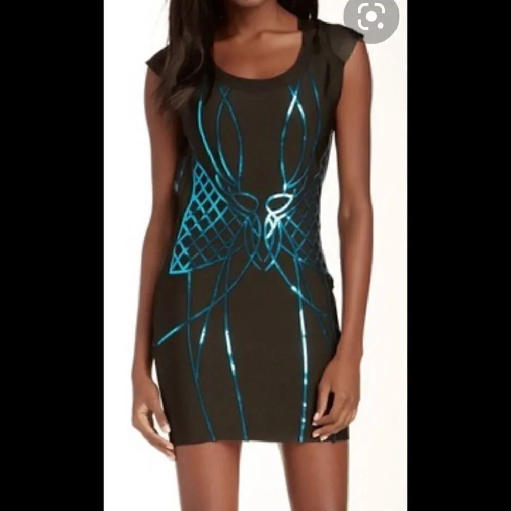 WOW couture bodycon bandage blk/turquoise sequins size lg